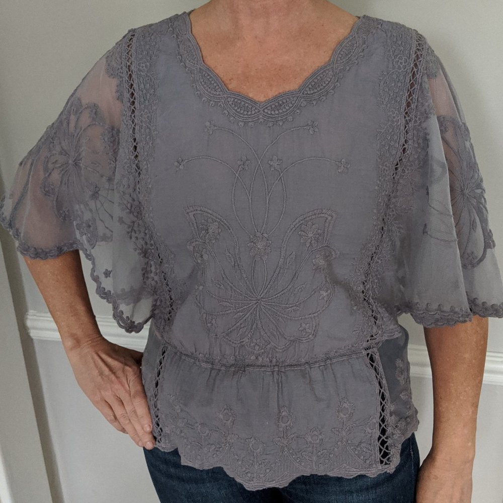Grey Embroidered Lace Short Sleeve Spring Top